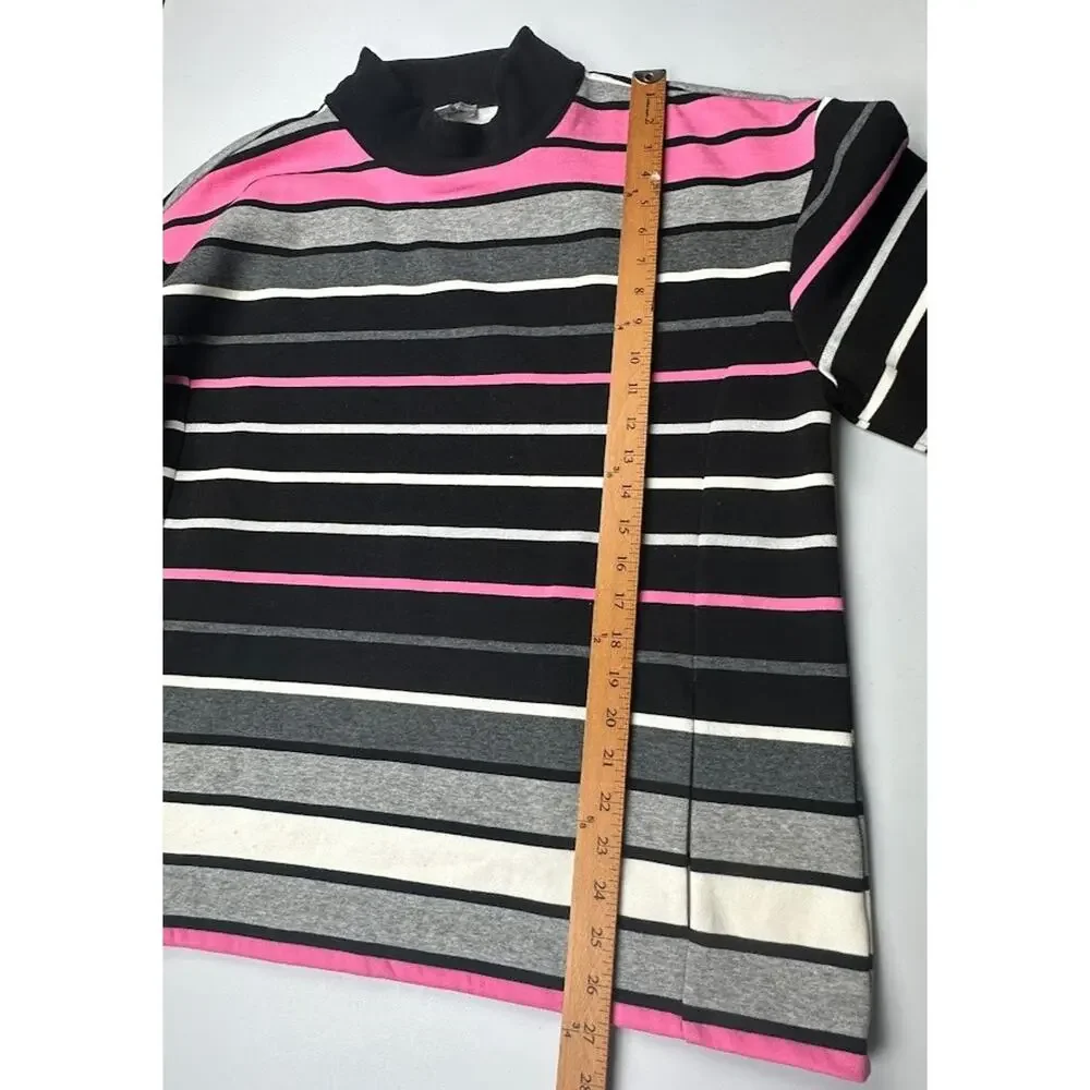 T By Talbots Top Women Extra Large Black Pink Striped Mock Neck Comfy Sweatshirt - Picture 11 of 13